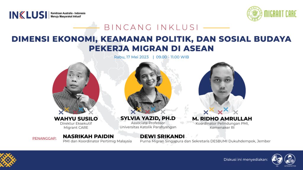 Poster Bincang INKLUSI: "Dimensi Ekonomi, Keamanan Politik, dan Sosial Budaya Pekerja Migran di ASEAN"