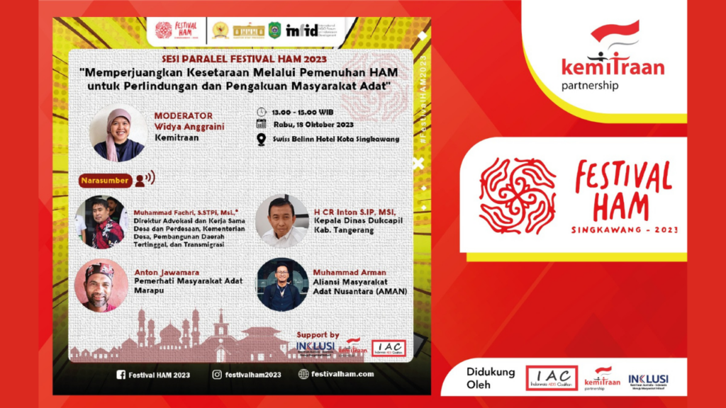 Poster Festival HAM 2023: Memperjuangkan Kesetaraan Melalui Pemenuhan HAM untuk Perlindungan dan Pengakuan Masyarakat Adat